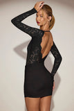 Sheer Lace Boat Neck Mini Dress in Black