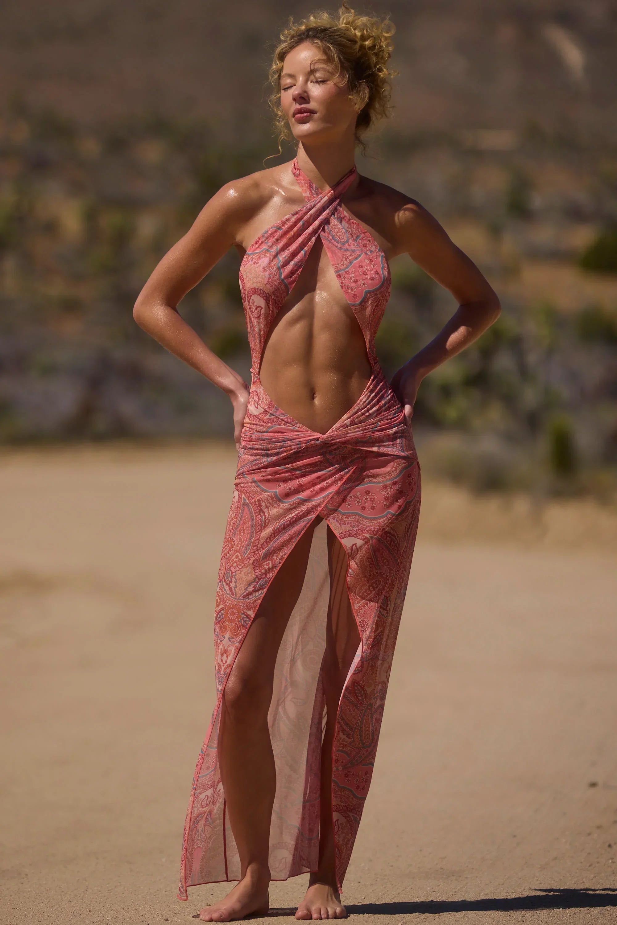 Cut Out Halterneck Maxi Dress in Paisley Print