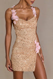 Embellished Open Back Mini Dress in Gold