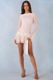 Long Sleeve Open Back Mini Dress in Ivory Polka Dot Print