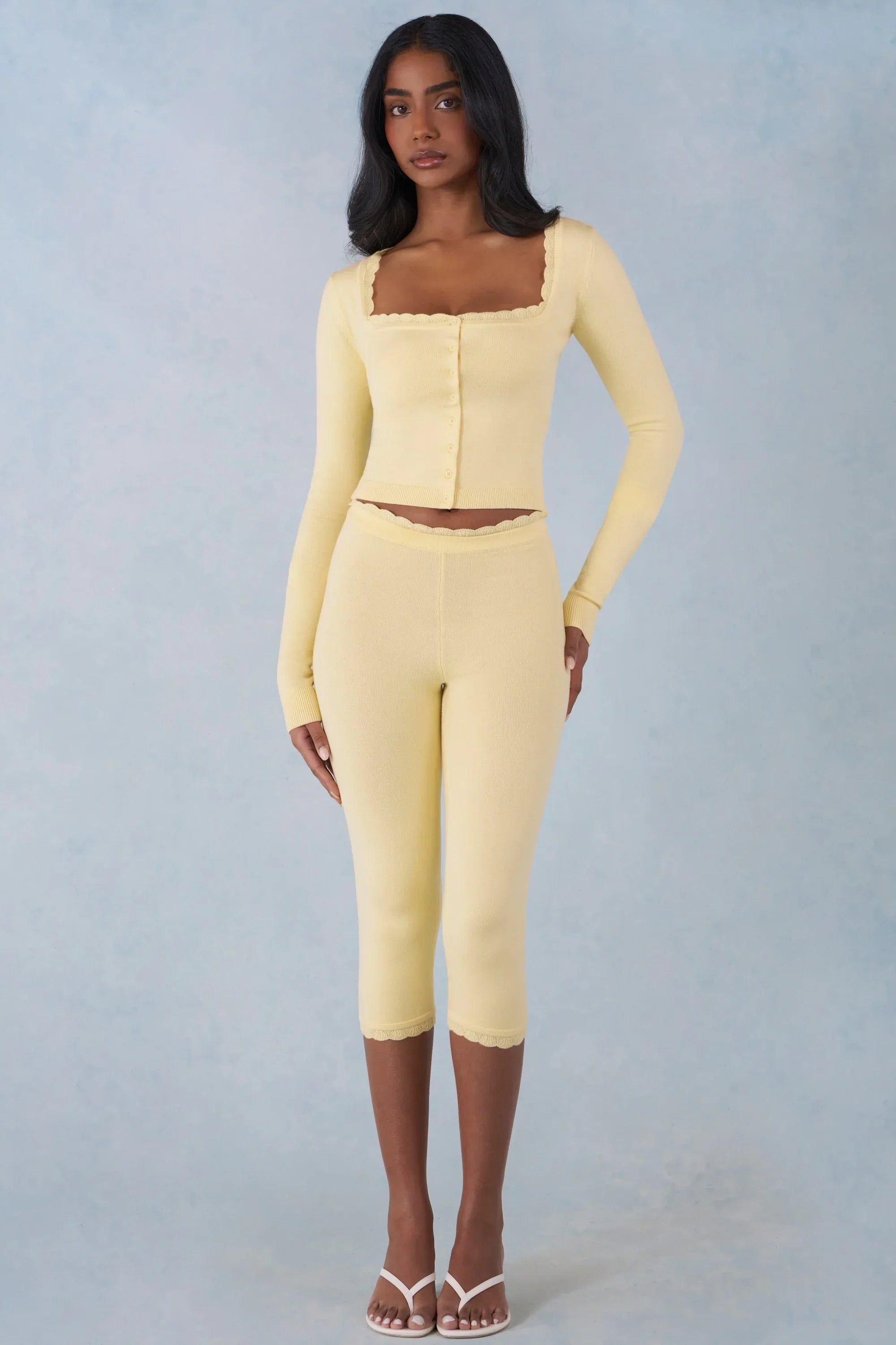 Knit Mid Rise Capri Trousers in Butter Yellow