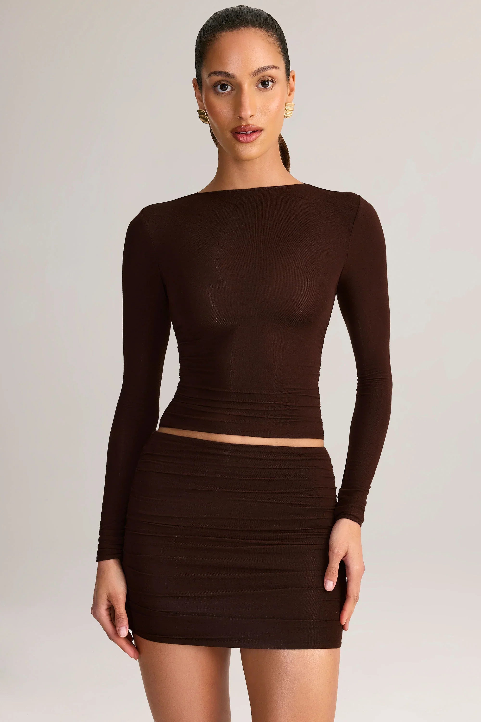 Modal Ruched Long Sleeve Top in Chocolate Brown