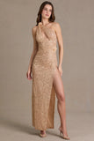 Embellished Asymmetric One Shoulder Maxi Dress in Beige Gold