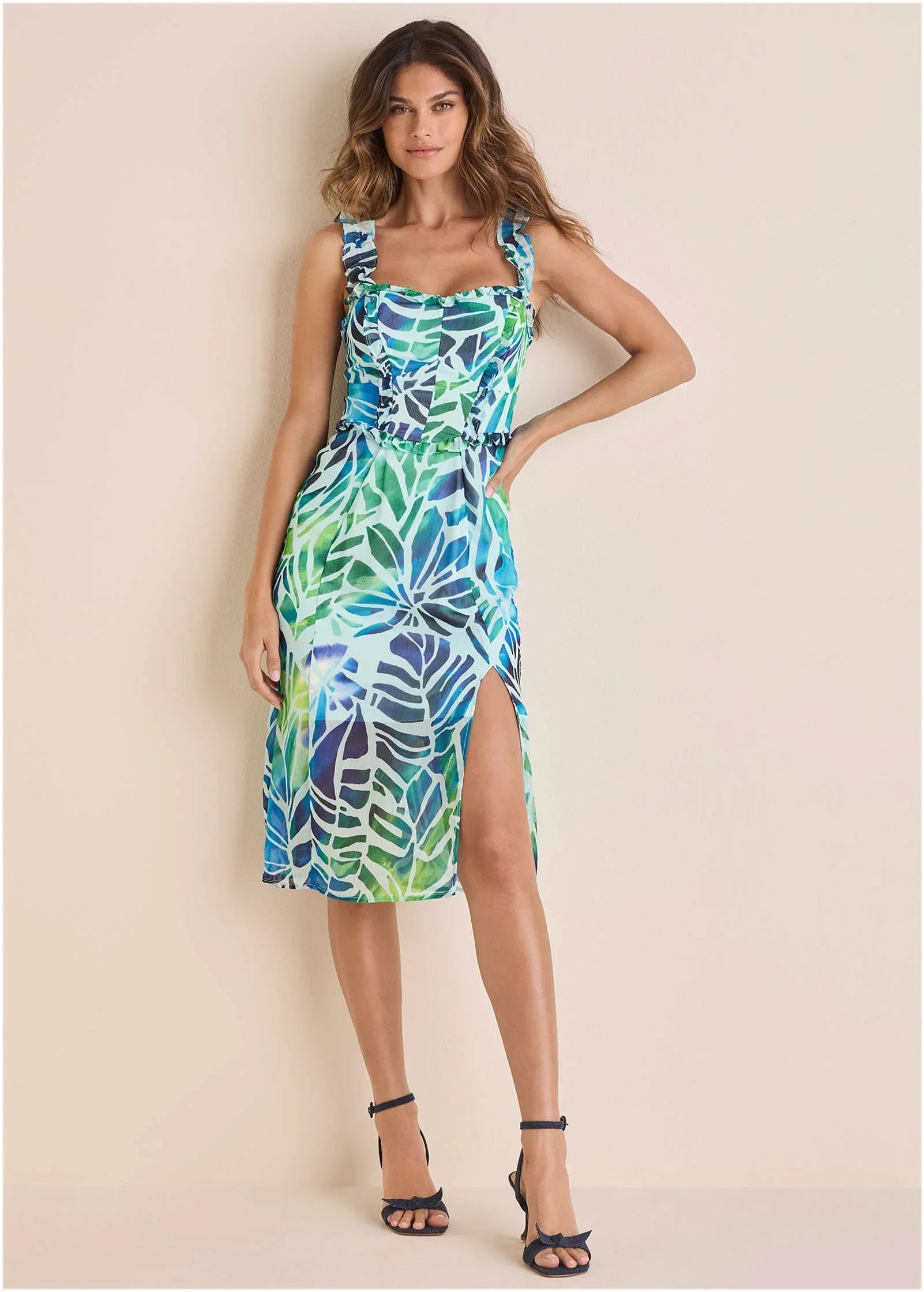 Ruffle Detail Midi Dress Ombre Block Leaves
