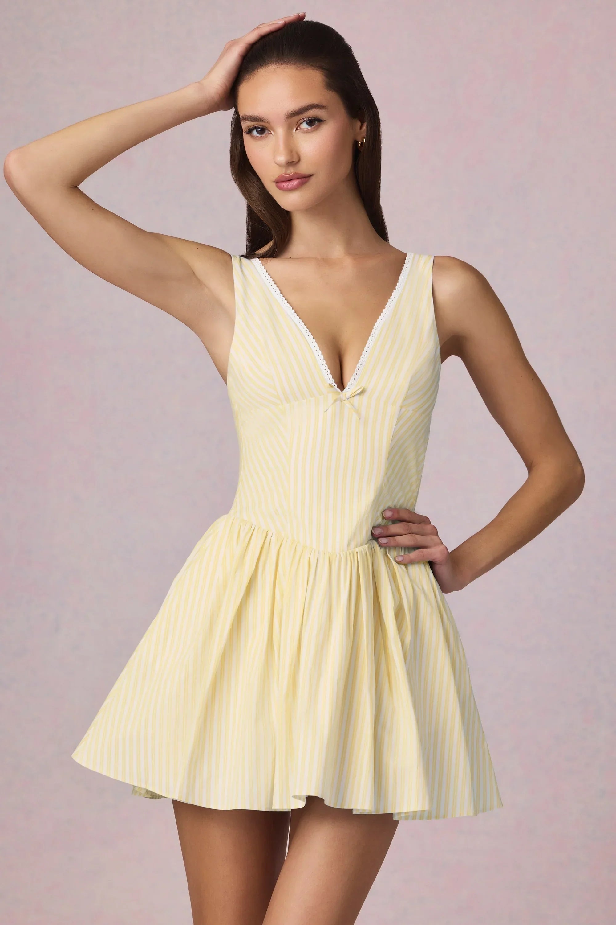 Bow Detail A Line Mini Dress in Lemon Yellow Stripe