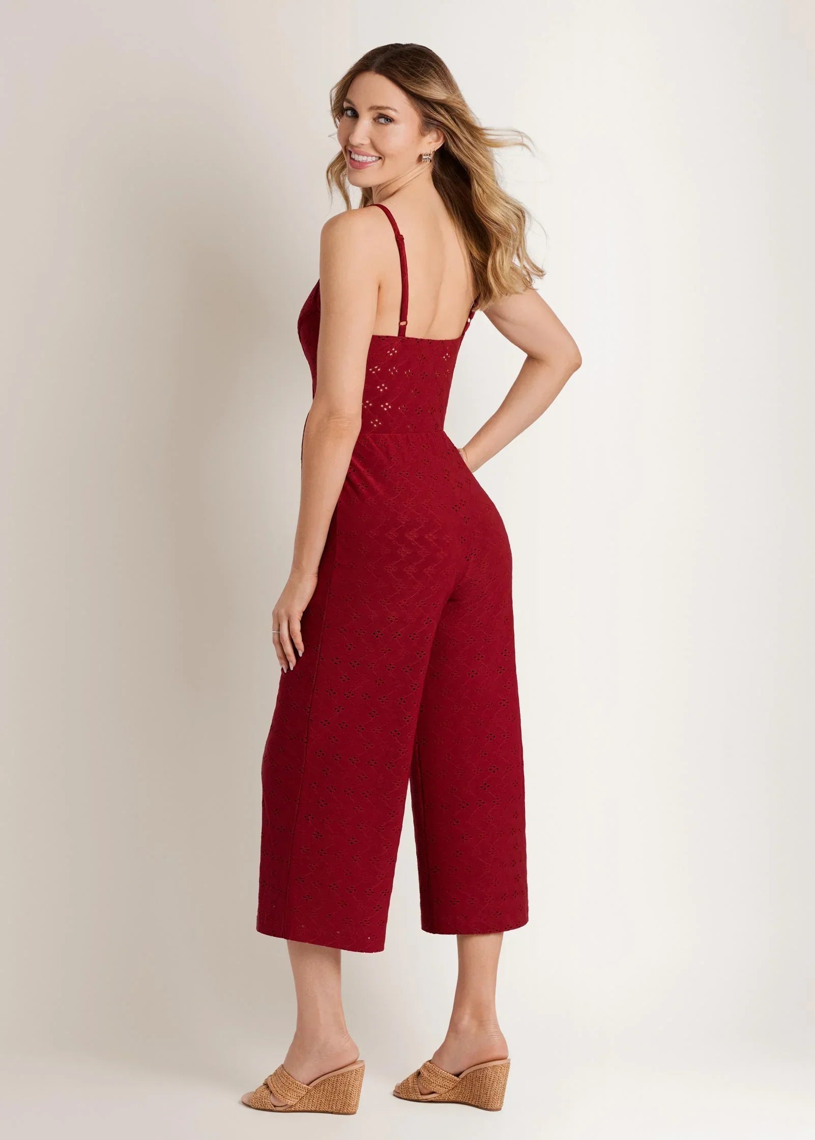 Knit Eyelet Jumpsuit Red